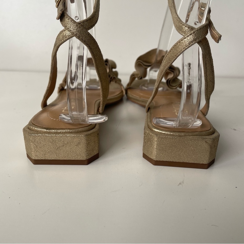 Chico's Strappy Ankle Wrap Metallic Gold Ruffle Sandals Sz 6 Block Heel Dressy - Picture 4 of 7